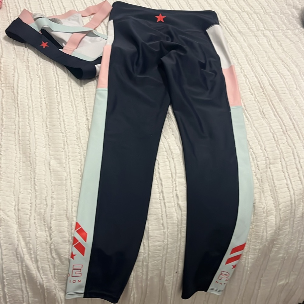 NWT PE NATION Bar Down Leggings, top Workout Gym Navy Blue Pink S